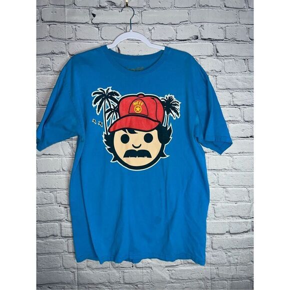 NEFF MEN'S LARGE GRAPHIC BLUE T-SHIRT W/ NEFF HEAD AND PALM TREES LOGO - Picture 2 of 7